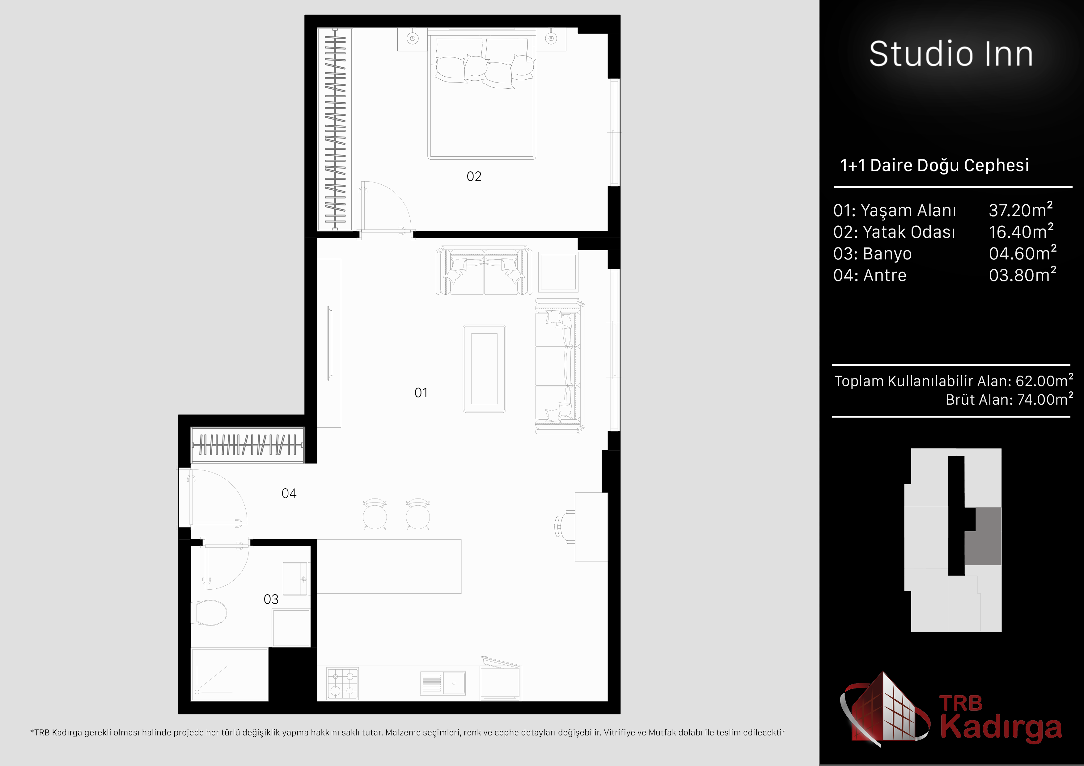 Studio Inn 1+1 doğu cephe daire planı